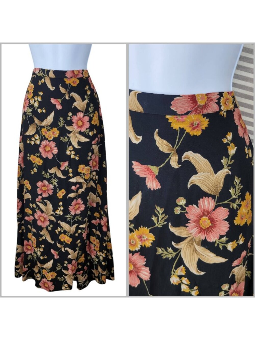 Vintage Floral Skirt Sz 12 romantic Midi Black Midi Long Professional Royalcore